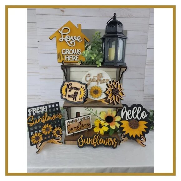 SUNFLOWER 12 PIECE TEIRED TRAY DECOR HANDCRAFTED - Picture 1 of 10